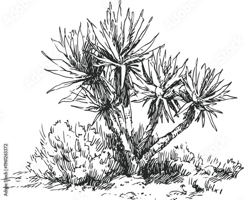 Yucca plant growing in desert landscape with dry bushes and rocky soil illustration
