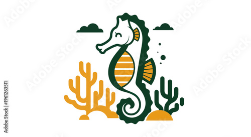 Stylized seahorse illustration with coral and cloud elements on white backdrop
