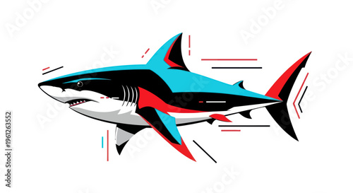 Stylized shark illustration in vibrant colors isolated on white background
