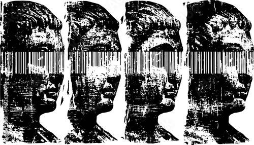 Abstract grunge barcodes and human profiles in distressed black texture, modern technological art and identity concept