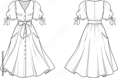 Puff sleeve midi dress with bow detail vector front and back view feminine fashion illustration design