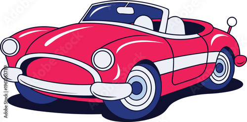 A vibrant red cartoon convertible car with white accents is pictured