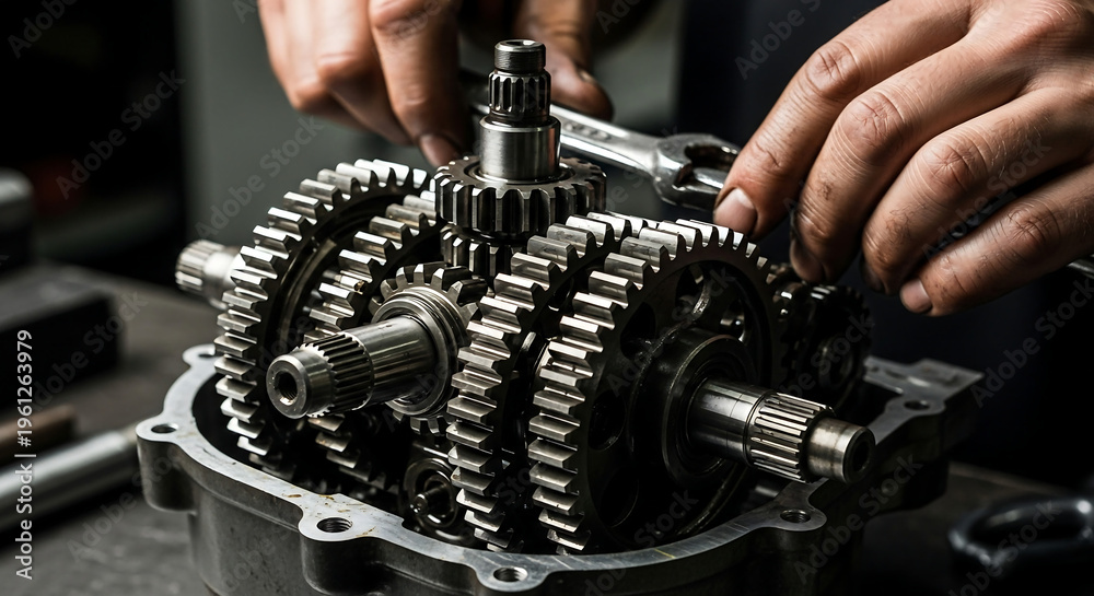 Naklejka premium Close-up of a mechanic's hands assembling a complex gearbox with multiple gears and shafts using a wrench in a workshop setting.
