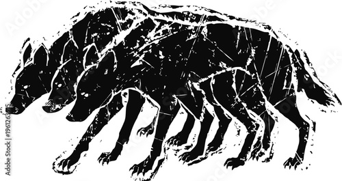 running wolves silhouette with rough scratched texture effect, wild animal pack in motion, nature concept