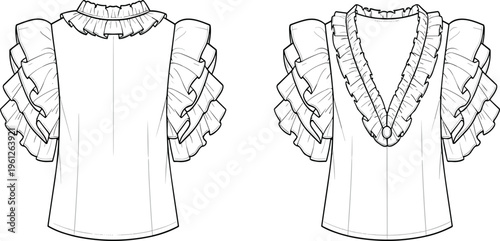 Ruffle sleeve v neck blouse vector front and back view feminine fashion illustration design top