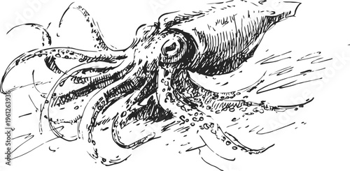 Vintage squid illustration showing detailed cephalopod anatomy in natural underwater motion