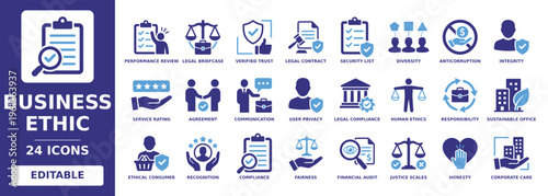Business Ethic solid vector glyph icon set featuring legal compliance, verified trust, human ethics, legal contract, ethical consumer, and financial audit icons.