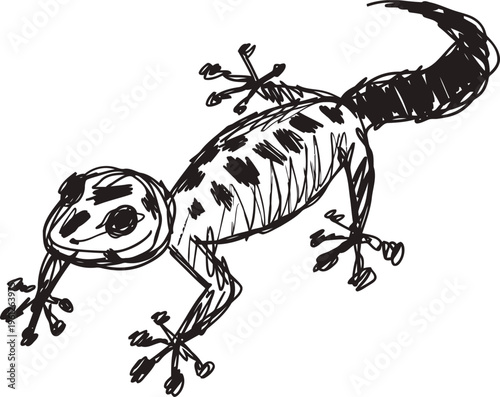 Hand drawn sketch of a gecko lizard with spots and detailed toes on a white background