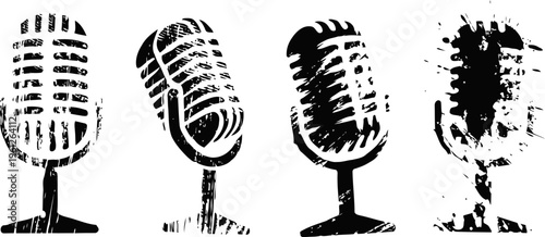 Set of vintage vocal microphones silhouettes in black and white isolated on transparent background