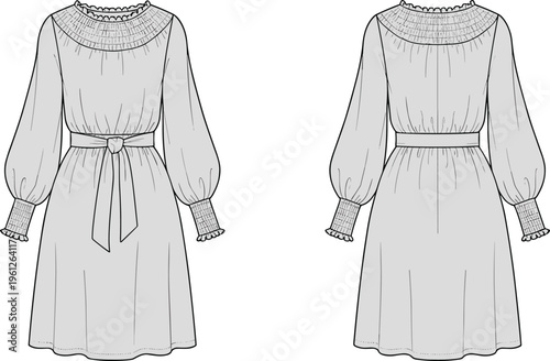 Smocked neckline midi dress vector front and back view long sleeve belted feminine fashion illustration design