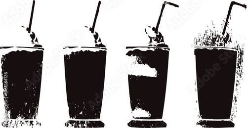 Four different cold beverages in glasses with straws, varying foam and liquid levels, refreshing drinks concept