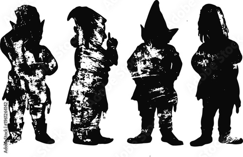 silhouettes of four garden gnomes in various poses and hats with detailed textured surfaces