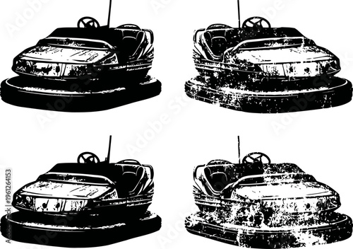 Set of four black and white bumper car illustrations with textured details