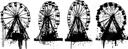 Black silhouette ferris wheels with grunge ink splatters in different angles and positions