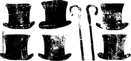 Vintage black top hats and walking canes silhouettes set with worn texture