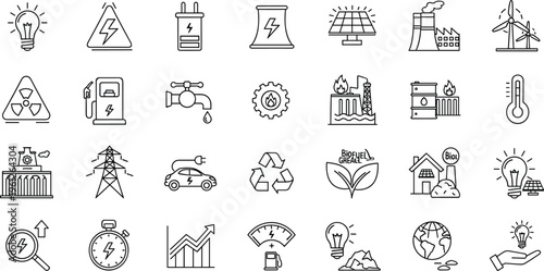 Sustainable Energy and Environment Line Icon Set for Green Technology environment, ecology, green, solar, wind, turbine, renewable, industrial, nuclear, fossil, electricity, power, 