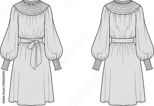 Smocked yoke midi dress vector front and back view long sleeve belted feminine fashion illustration design