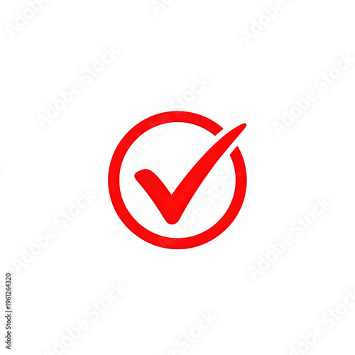 A vibrant red check mark symbol enclosed within a circular border representing success and approval isolated on white background