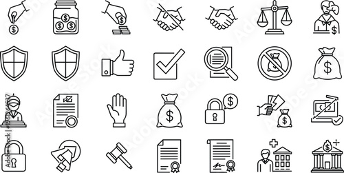 Anti Corruption Legal Justice and Money Laundering Protection Icons law, legal, protection, honesty, transparency, bribe, bribery, no, stop, ban, crime, laundering, finance, shield, secure, safety, ha