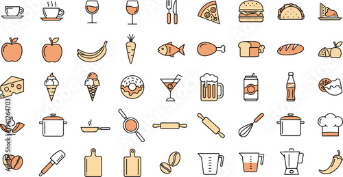 Food and Drink snackRestaurant Kitchen Line Icon Set ,cooking, kitchen, restaurant, cafe, menu, culinary, breakfast, lunch, dinner, coffee, tea, wine, beer, soda, pizza, 