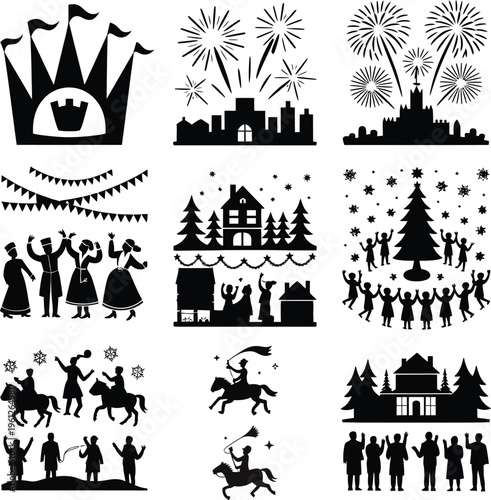 New year's eve celebration silhouette icons