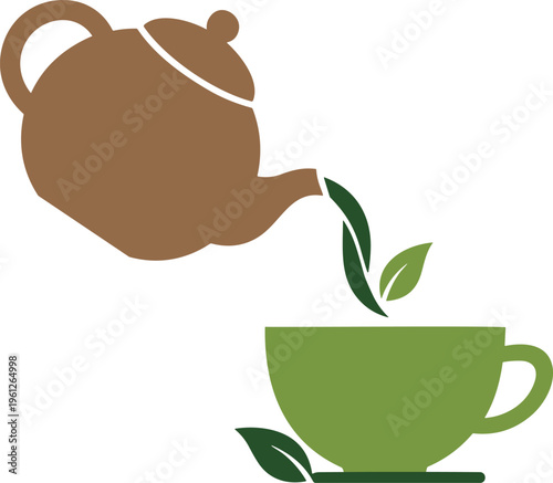 Tea time brewing beverage pouring from teapot into cup with fresh leaves on transparent background.