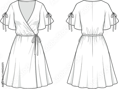 Wrap dress with flutter sleeves vector front and back view tie waist casual fashion illustration design