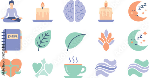 Mindfulness and Mental Wellness Icon Set with Meditation, Brain, Sleep, Journal, Balance, Nature Elements, Candle, and Relaxation SymbolsPrint
