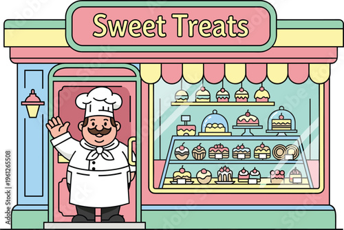 Colorful bakery storefront with smiling chef waving, pastel shop window full of cupcakes, cakes, pastries, desserts, cheerful illustration for food business and promotion