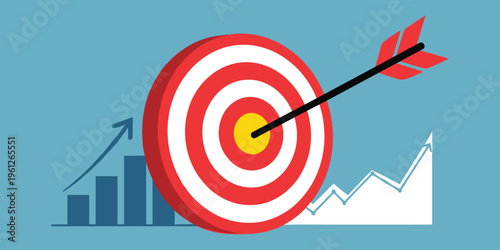 Red and white target with arrow hitting bullseye, business success illustration showing growth charts, precision, goal achievement and marketing performance concept artwork