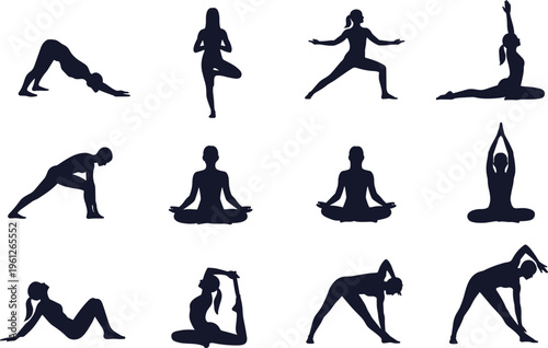 Silhouettes of twelve yoga poses illustration, black figures showing fitness, meditation, stretching, balance and wellness concept for exercise, health and spiritual practice design