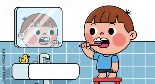 Cartoon child brushing teeth in bathroom illustration, daily hygiene routine with sink, mirror, toothbrush and foam, educational design for kids health awareness