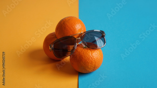 A stylish pair of sunglasses resting on a trio of vibrant oranges against a colorful background