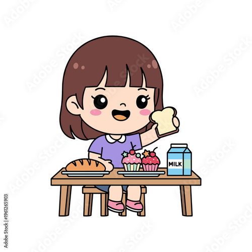 cute girl eating healthy breakfast with fruits and milk vector illustration