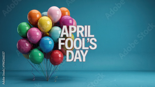A colorful bunch of balloons celebrating April Fool's Day on a blue background