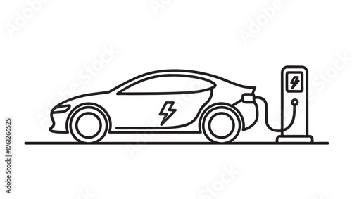 A simple black and white line art illustration of an electric car connected to a charging station