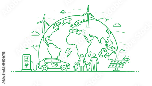 A green line art illustration depicting a sustainable earth with renewable energy infrastructure