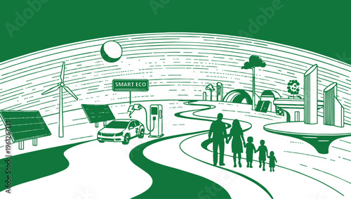 A conceptual illustration of a family walking towards a future urban city skyline in green tones