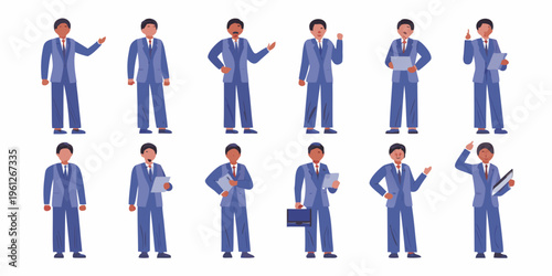 Diverse group of businessmen in suits shown in various poses