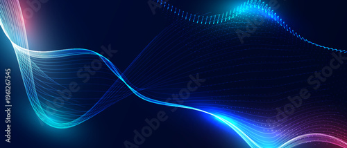 Blue abstract technology background with flowing digital wave lines and particles