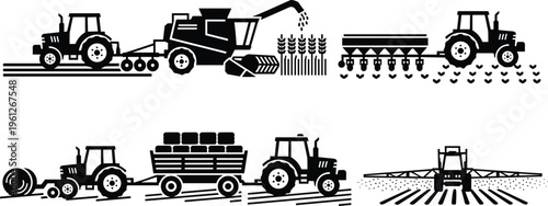 Six black silhouette illustrations of tractors and farming machinery showing plowing, harvesting, planting, transporting hay, spraying crops, and rolling hay in modern agriculture
