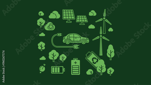 Green energy and sustainable living concept icons arranged in a square shape on dark background