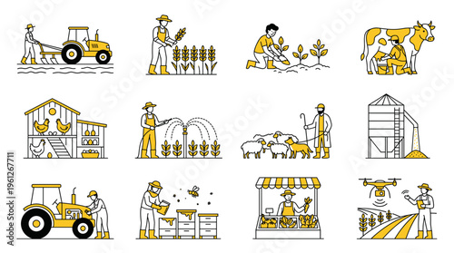 Flat illustration collection of farming activities crop cultivation irrigation livestock care harvesting and sustainable agriculture rural lifestyle concept