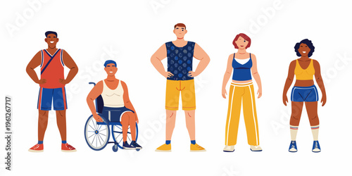 Diverse group of athletes in sportswear posing together full body illustration