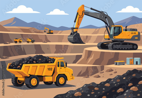 excavator in coal mine, situation in coal mine illustration, vector, and graphics