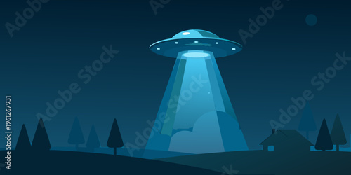 A glowing unidentified flying object hovers over a small dark landscape