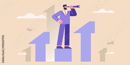 A businessman uses a telescope while standing on rising graph arrows