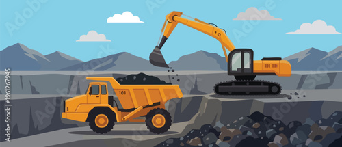excavator in coal mine, situation in coal mine illustration, vector, and graphics