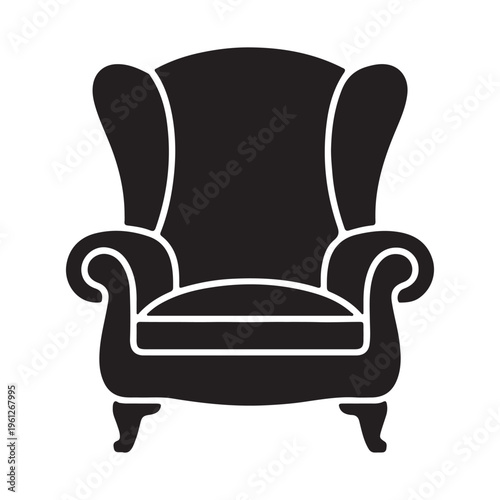 Classic wingback armchair icon, black silhouette vector illustration of a vintage comfortable lounge chair isolated on a white background.
