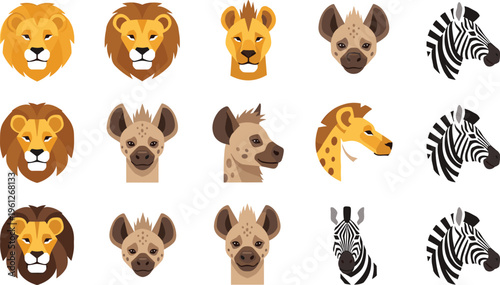 African Animal Head Icon Set Featuring Lion, Hyena, Giraffe, and Zebra Faces in Flat Design Style for Wildlife, Safari, and Branding Vector Projects.